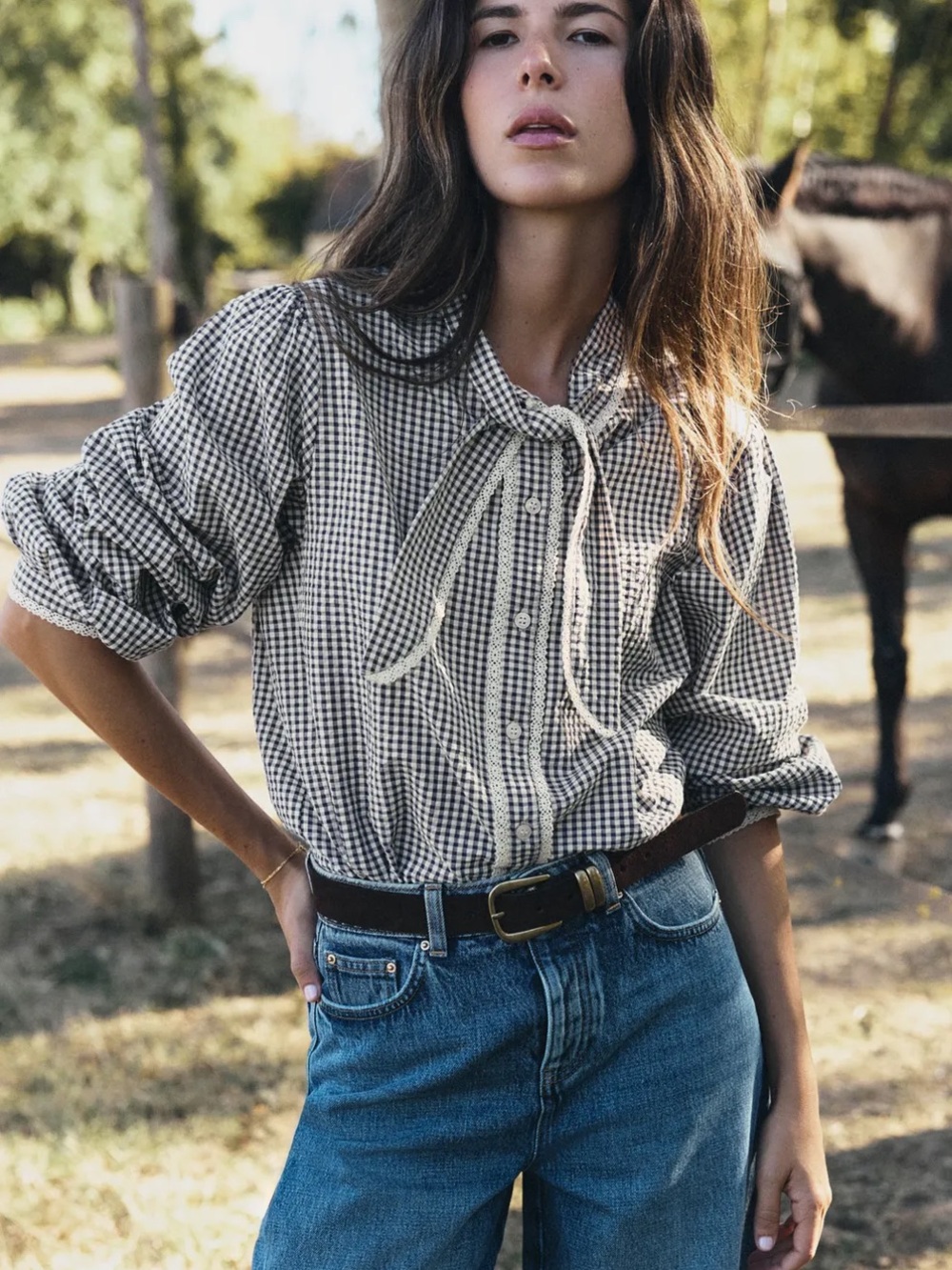 Zara CHECKED BOW BLOUSE WITH LACE TRIM